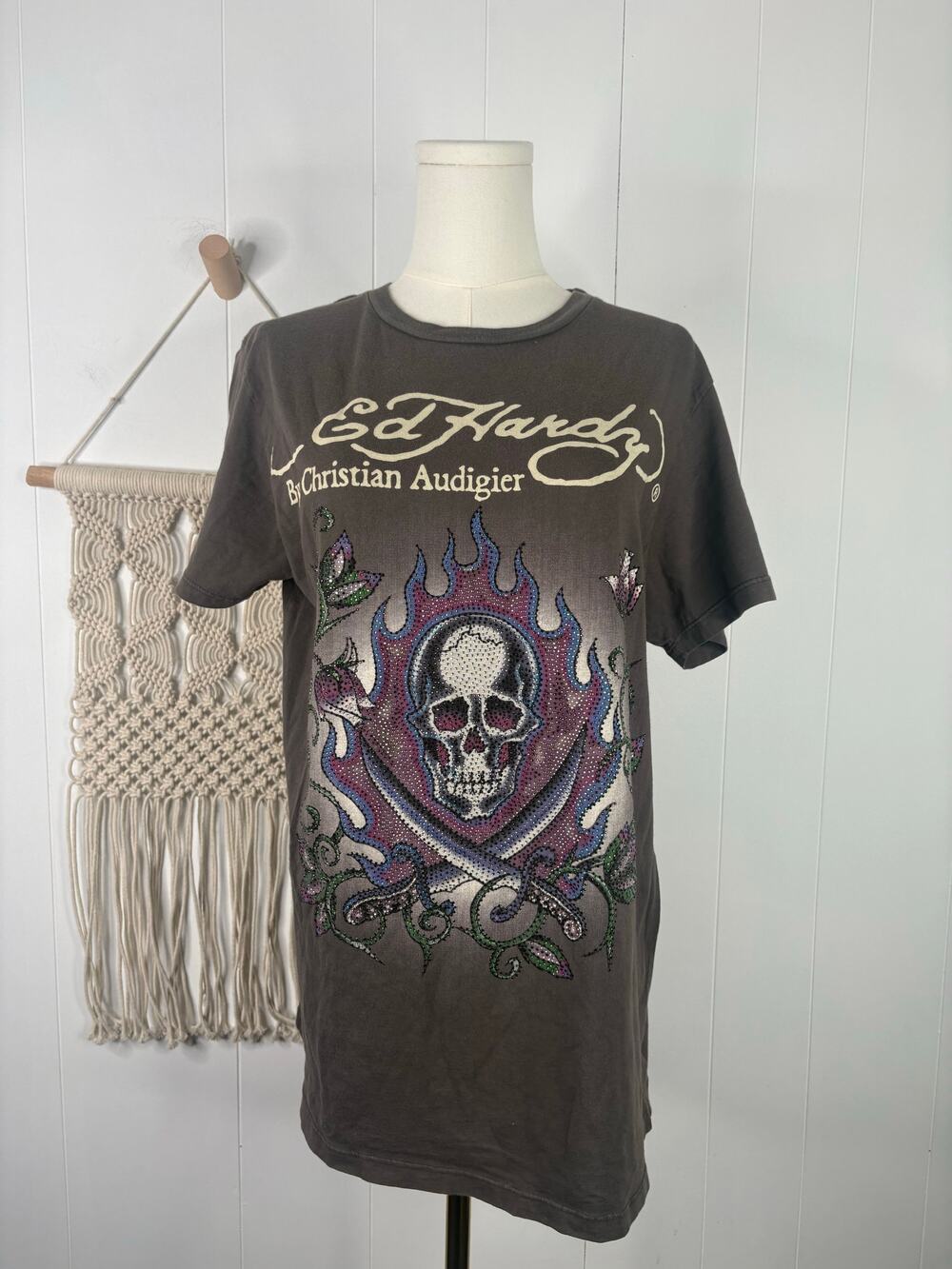 Vintage Ed Hardy T Shirt Large Rhinestone Skull & Dagger Graphic Tee Pirate